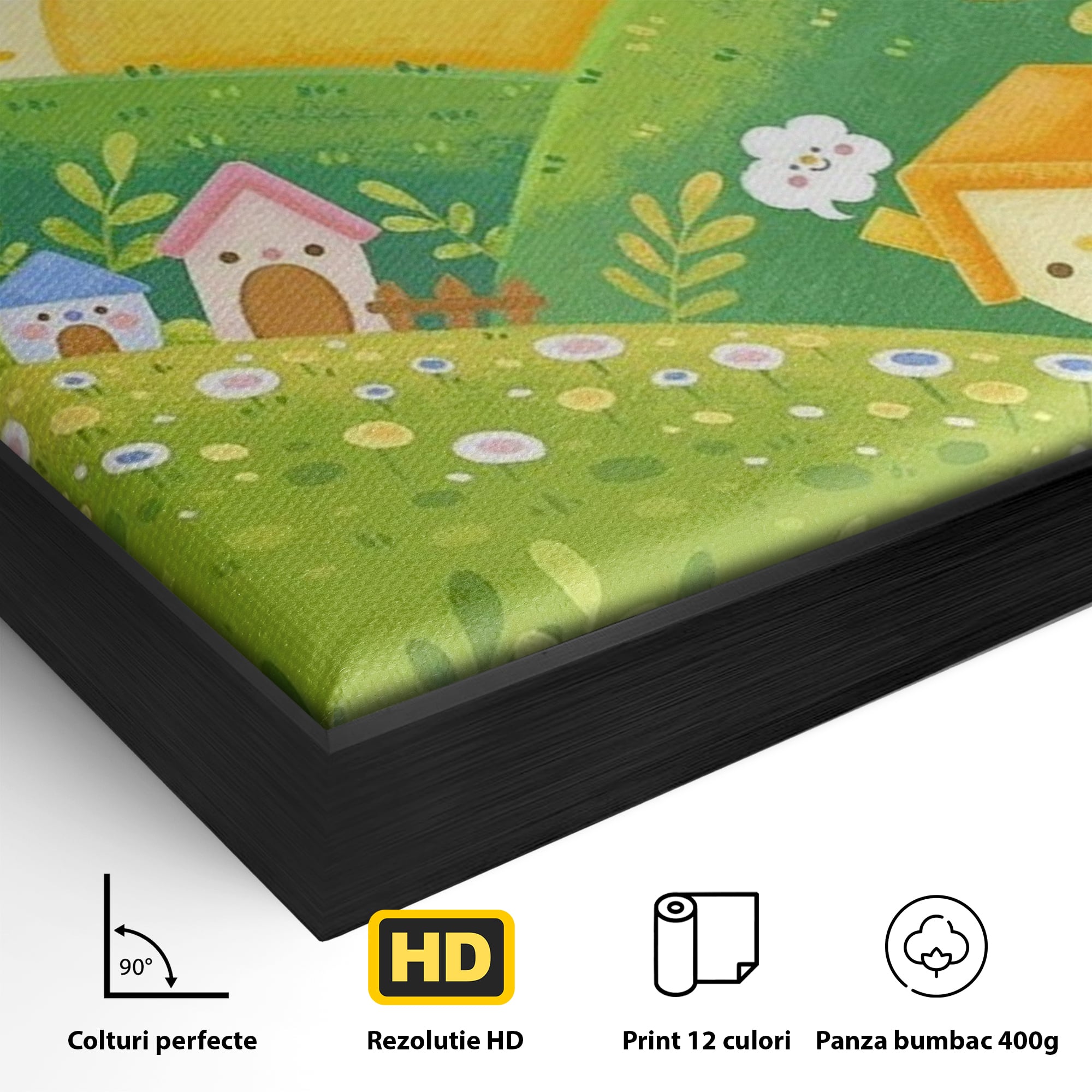 Detaliu al suprafetei: ilustratie cu soare zambitor si casute, in rama de aluminiu negru